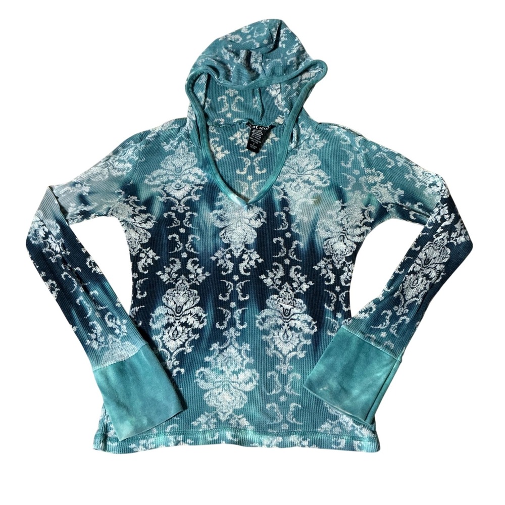 Y2K Wet Seal VTG Womens Teal Blue Damask Waffle Knit Thermal Hoodie V-Neck XS